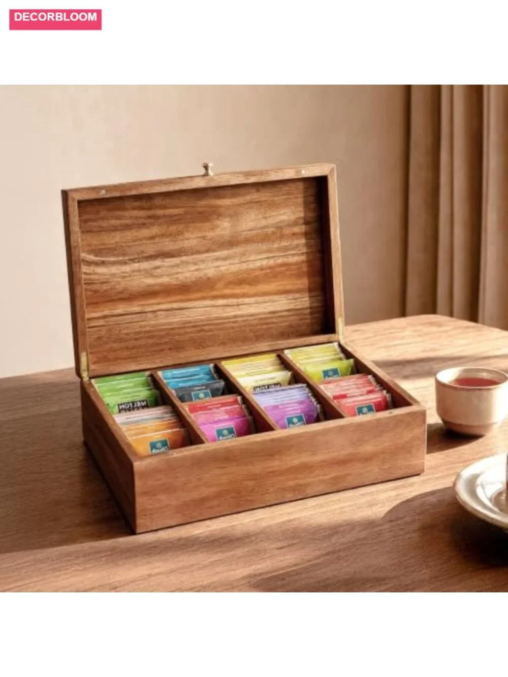 Acacia Wood Tea Bag Organizer, 8-Compartment Tea Caddy Storage Box